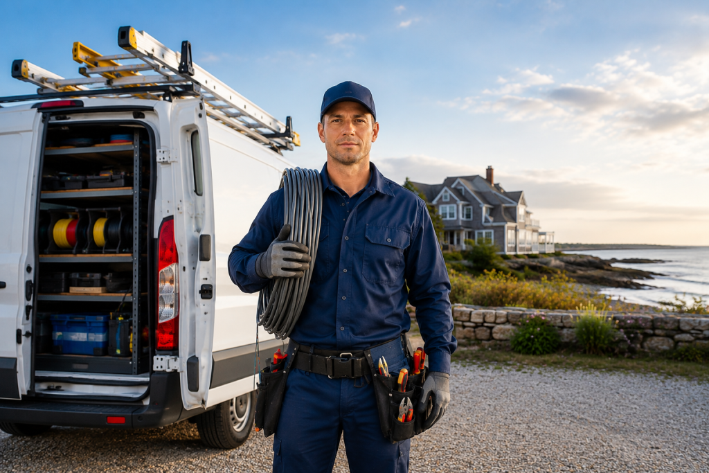 Hamptons Pro Electric electrician standing beside a fully equipped service van with tools and electrical cable near a coastal home.